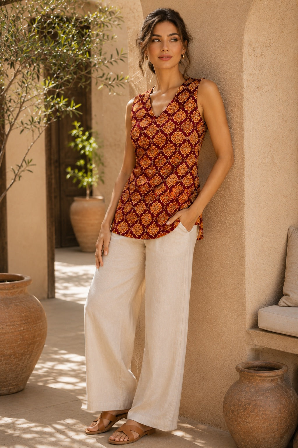 Sunehri Matsya Handblock Sleeveless Top