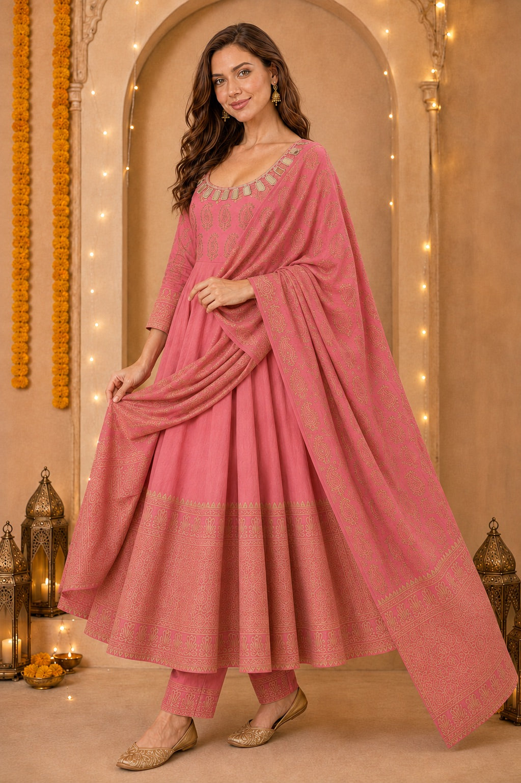 Women’s Paisley Printed Peach Anarkali Kurta Set with Dupatta