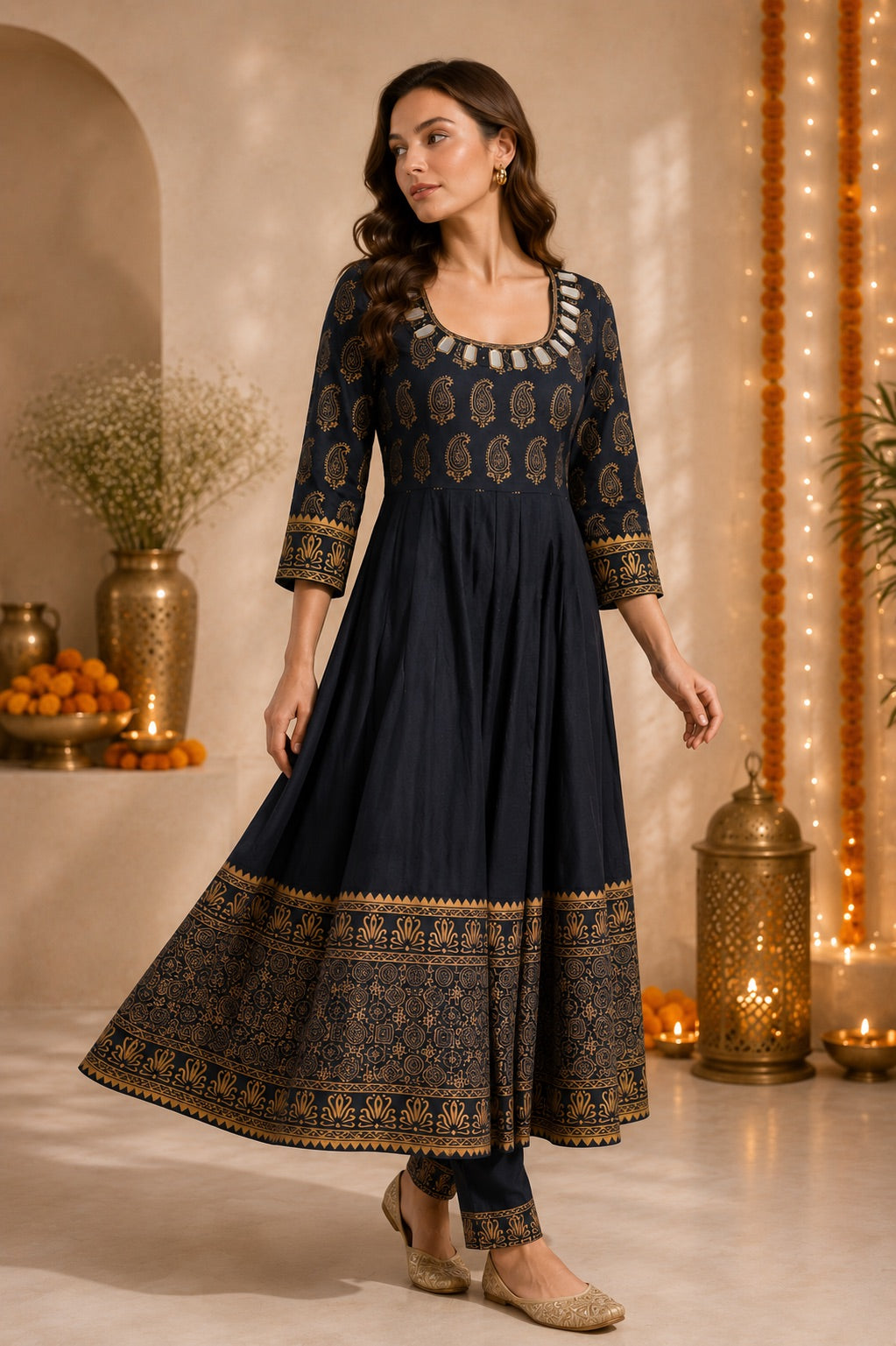 Women’s Paisley Printed Black Anarkali Kurta Set with Dupatta