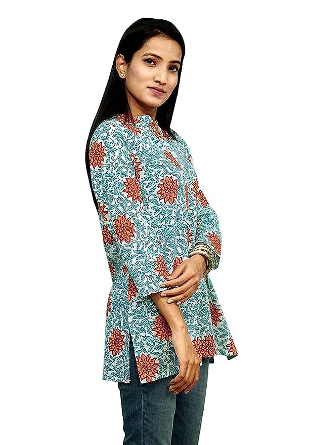 Blue Short Women Hand Print Kurti