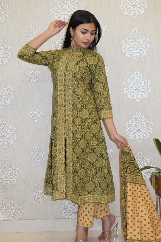 Green mughal Sanganeri Print cotton A-line suit