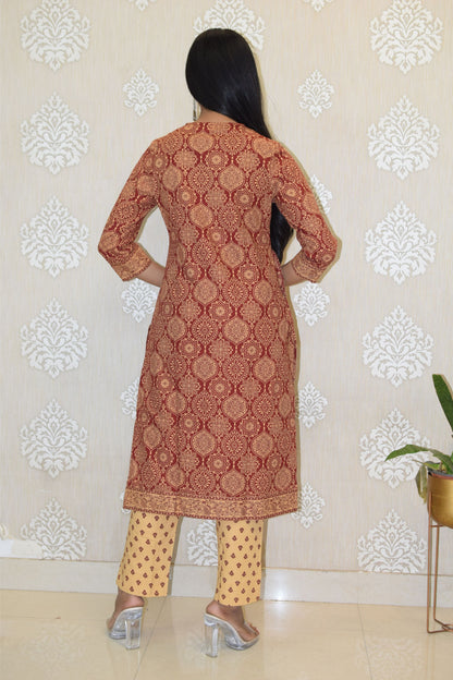 Maroon V-neck Sanganeri Print cotton straight Suit