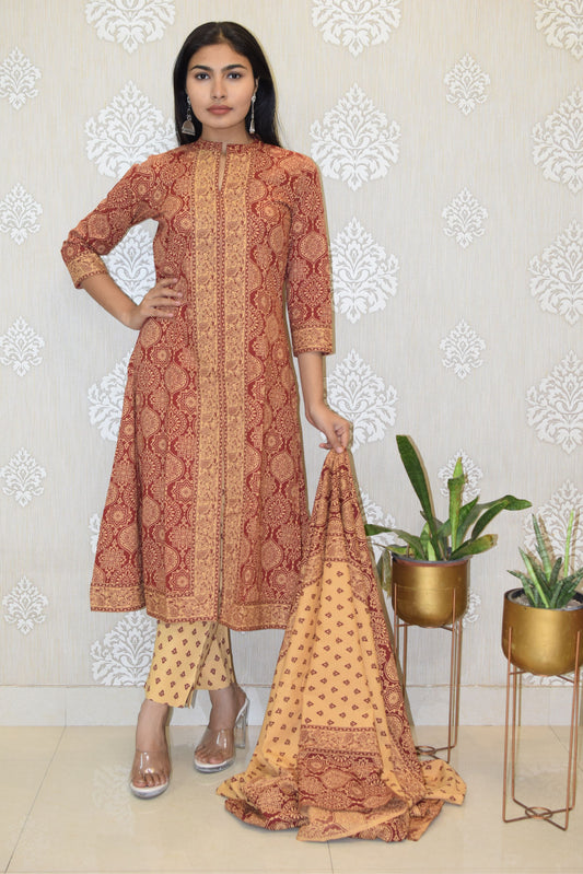 Maroon Sanganeri Print cotton A-line suit