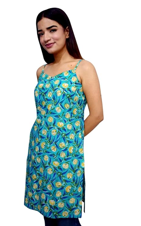 Sea Green Printed cotton sleeveless Kurti