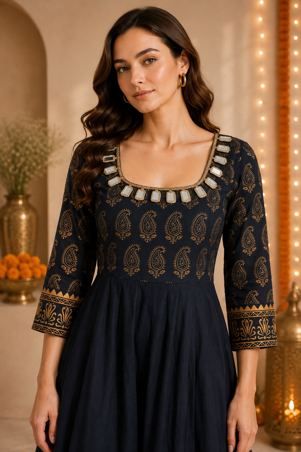 Women’s Paisley Printed Black Anarkali Kurta Set with Dupatta