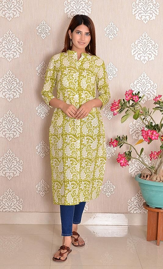 Green Bagru Print Cotton A-Line Kurta