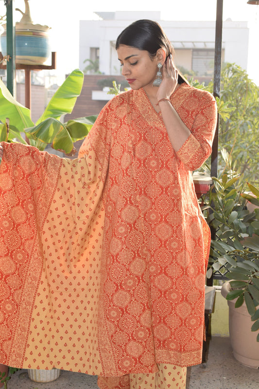 Orange V-neck Sanganeri Print cotton straight Suit