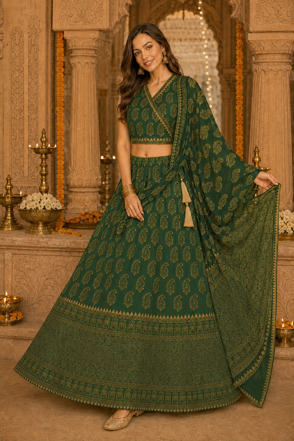 Zareen Hand Block Paisley Lehenga Set