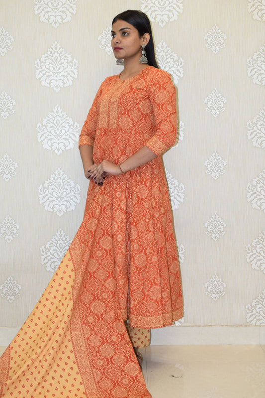 Orange Sanganeri Print cotton Anarkali Suit