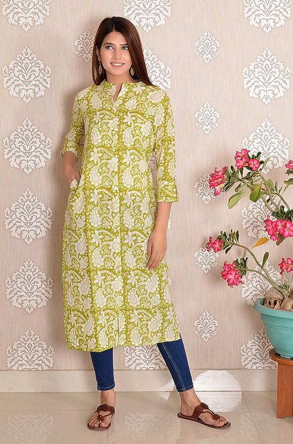 Green Bagru Print Cotton A-Line Kurta