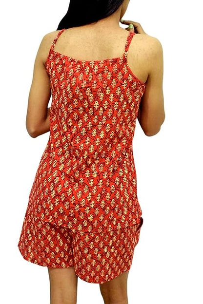Red Women's Pure Cotton Printed Sleeveless top Shorts Combo