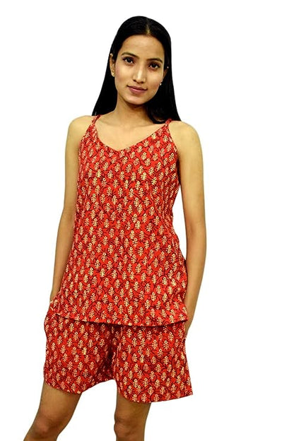 Red Women's Pure Cotton Printed Sleeveless top Shorts Combo