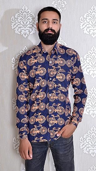 Blue Orange Men's Hand Block Bagru Print Full Sleeve Casual Shirt