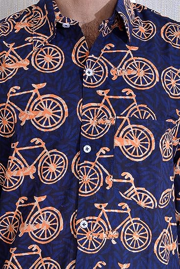 Blue Orange Men's Hand Block Bagru Print Full Sleeve Casual Shirt