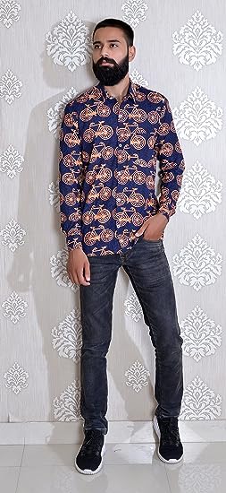 Blue Orange Men's Hand Block Bagru Print Full Sleeve Casual Shirt