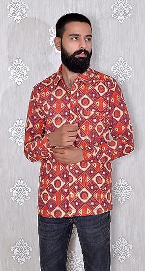 Red Men's Hand Block Bagru Print Full Sleeve Casual Shirt