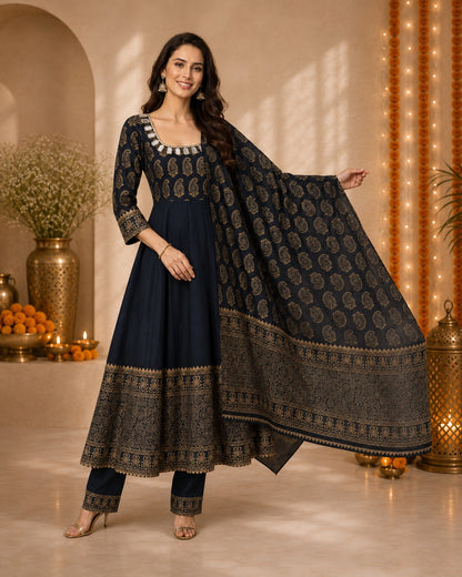 Women’s Paisley Printed Black Anarkali Kurta Set with Dupatta