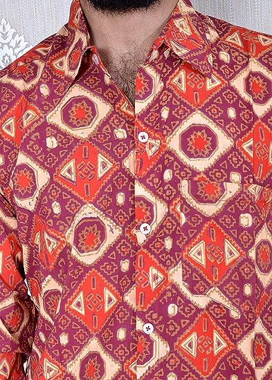 Red Men's Hand Block Bagru Print Full Sleeve Casual Shirt