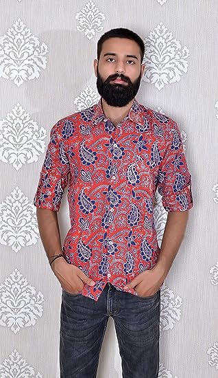 Red Blue Men's Hand Block Bagru Print Full Sleeve Casual Shirt