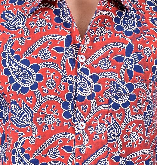 Red Blue Men's Hand Block Bagru Print Full Sleeve Casual Shirt