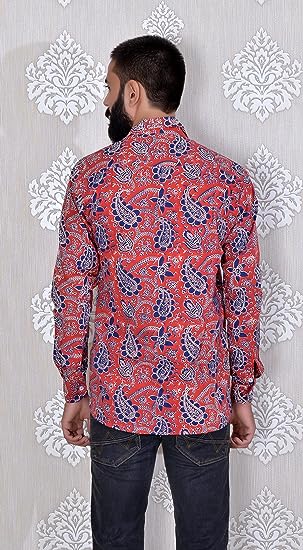 Red Blue Men's Hand Block Bagru Print Full Sleeve Casual Shirt