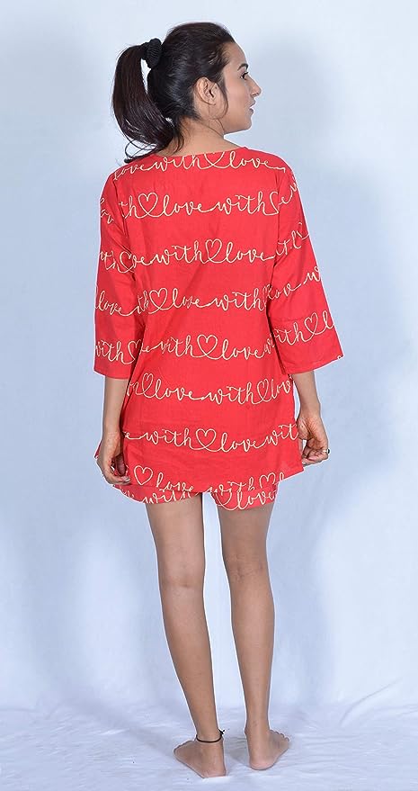 Red Pure Cotton Printed Nightwear Combo