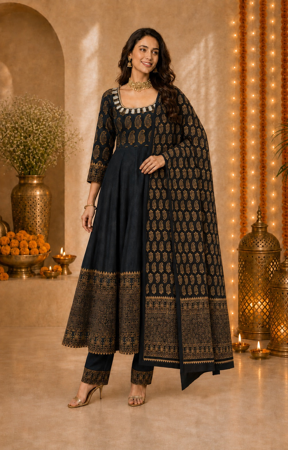 Women’s Paisley Printed Black Anarkali Kurta Set with Dupatta