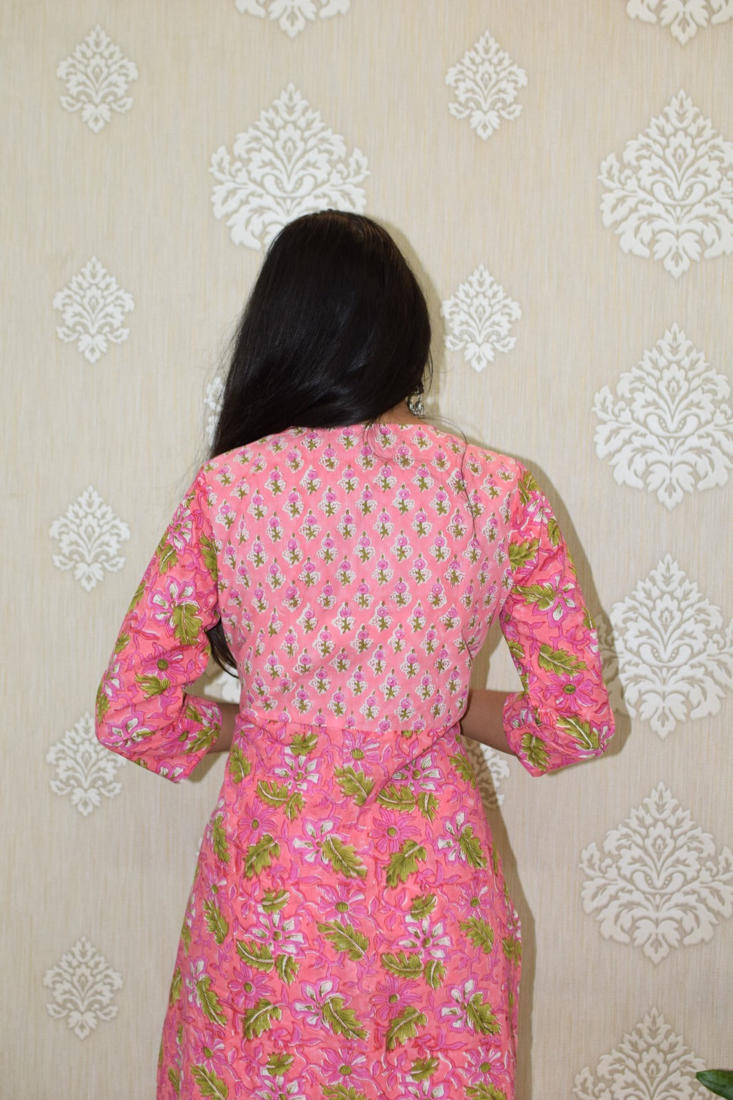 Alia cut pink printed handblock coord set