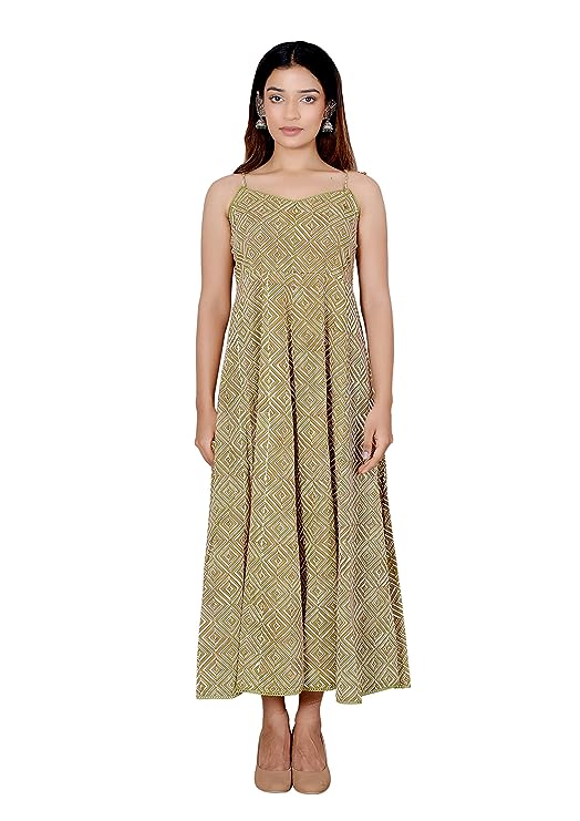 Green printed Sleeveless Cotton Lace Work Dress