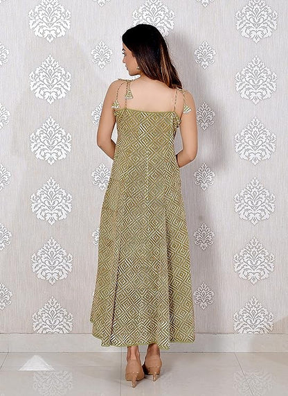 Green printed Sleeveless Cotton Lace Work Dress