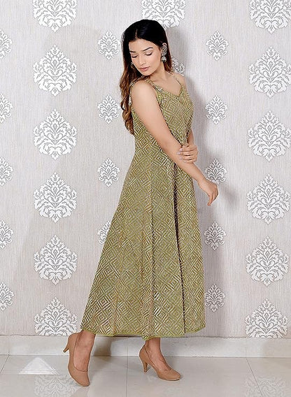 Green printed Sleeveless Cotton Lace Work Dress