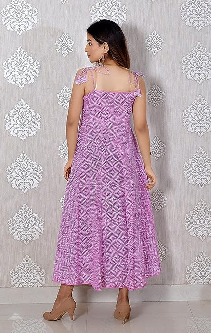 Pink printed Sleeveless Cotton Lace Work Dress