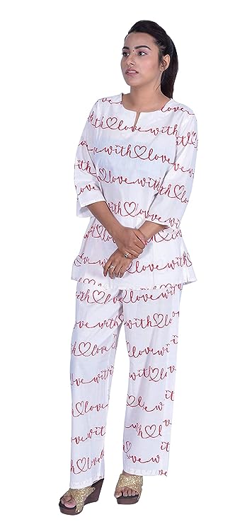 White Pure Cotton Printed Nightwear Set