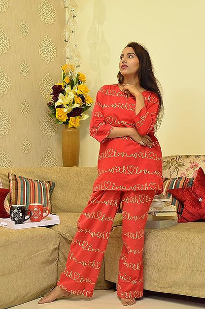 Red Pure Cotton Printed Nightwear Set