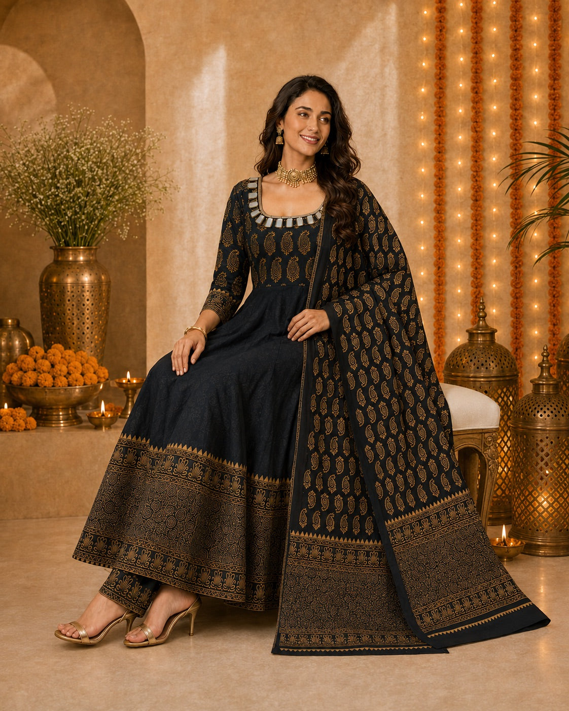 Women’s Paisley Printed Black Anarkali Kurta Set with Dupatta