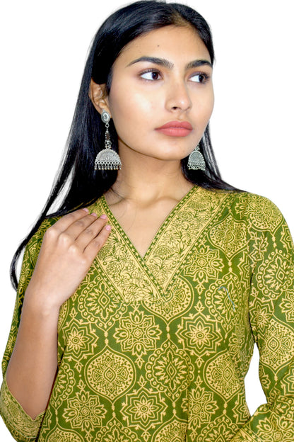 Green V-neck Sanganeri Print cotton straight Suit