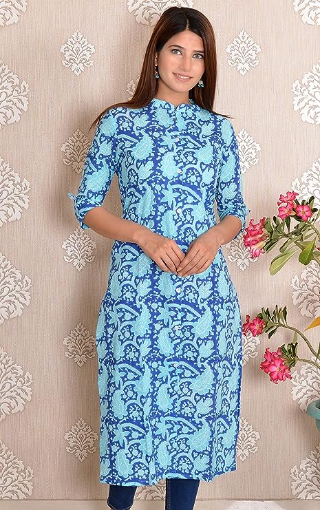 Blue Bagru Print Cotton A-Line Kurta