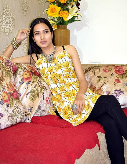 Yellow Printed cotton sleeveless Kurti