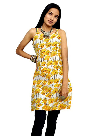 Yellow Printed cotton sleeveless Kurti