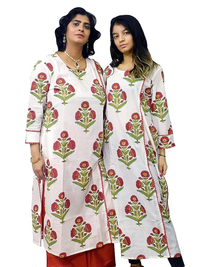 Red Mughal Print Sanganeri Cotton Kurti with Lace