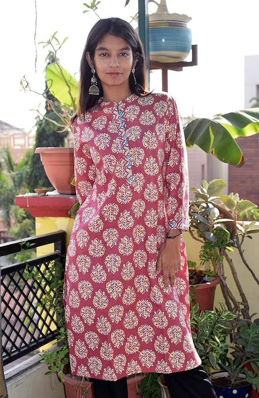 Peach amer booti collared round neck Printed Cotton Kurta