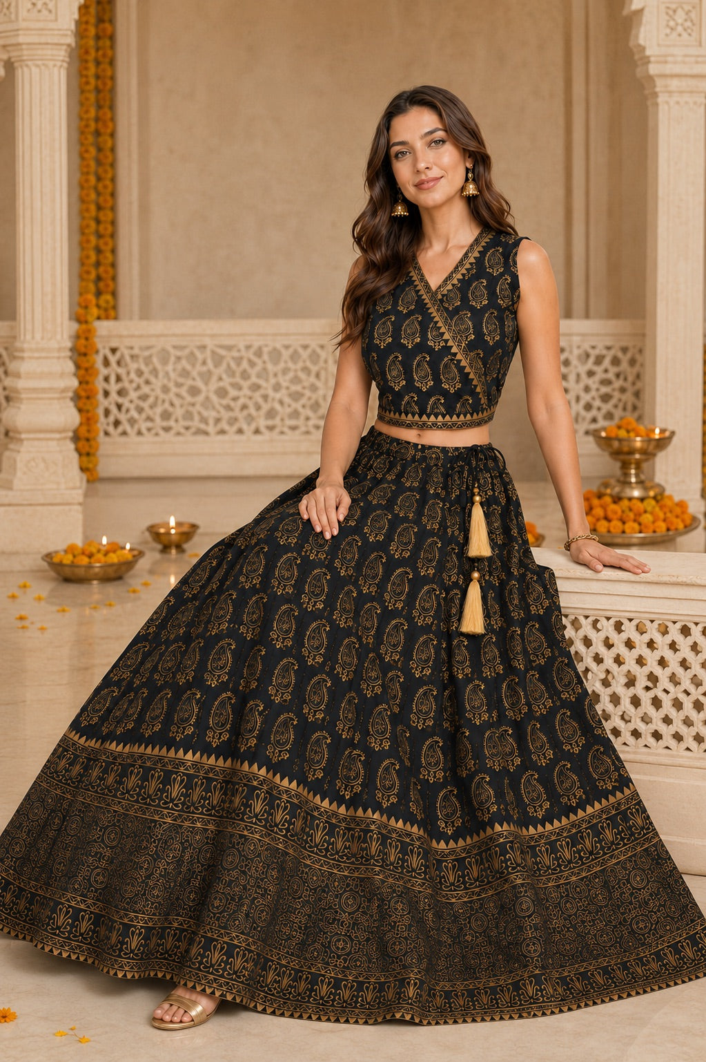 Noor Paisley Hand Block Printed Wrap Lehenga Set