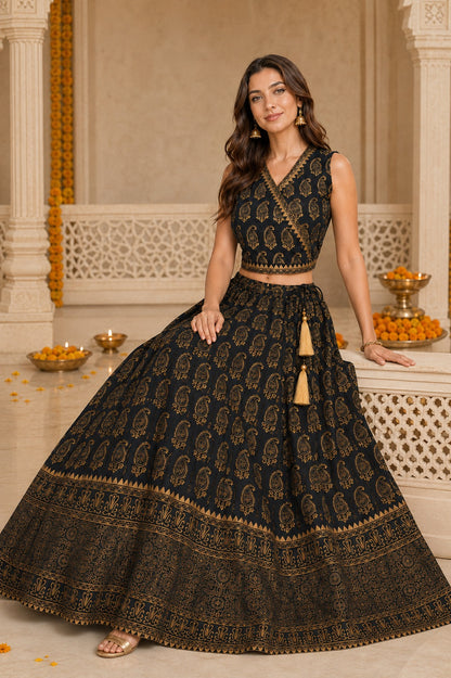 Noor Paisley Hand Block Printed Wrap Lehenga Set
