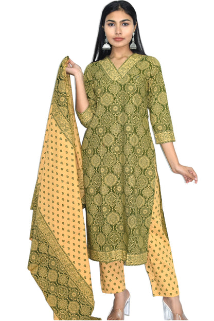 Green V-neck Sanganeri Print cotton straight Suit