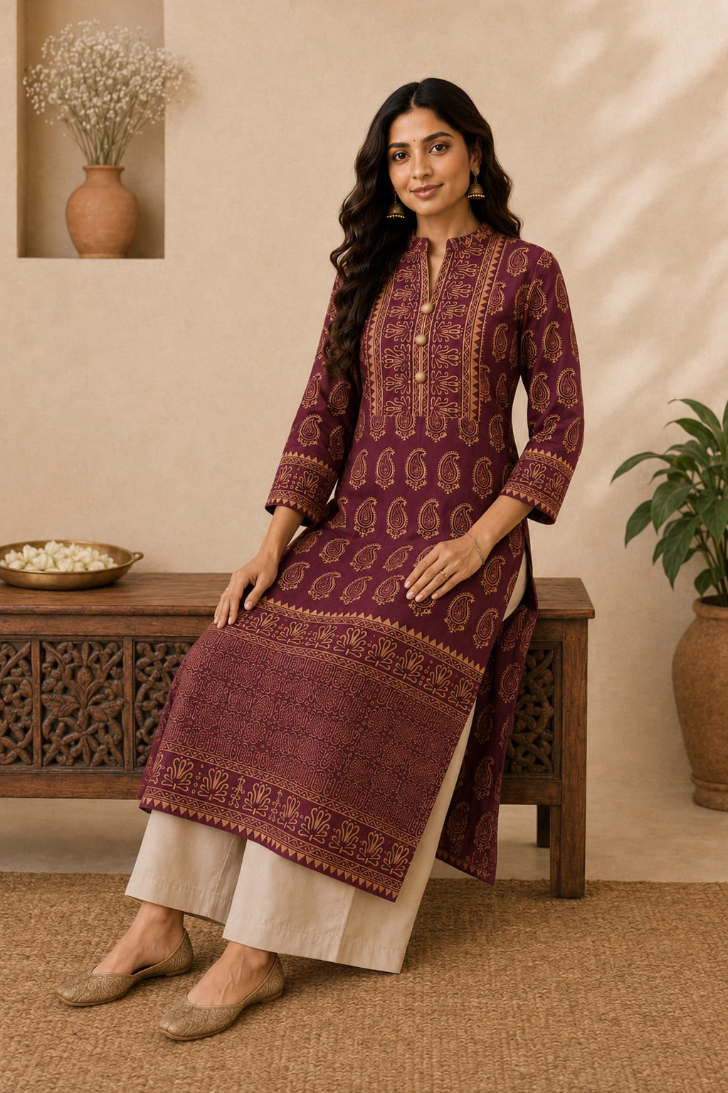 Gulnaar Maroon & Gold Paisley Print Festive Kurta for Women