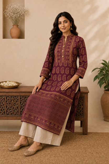 Gulnaar Maroon & Gold Paisley Print Festive Kurta for Women