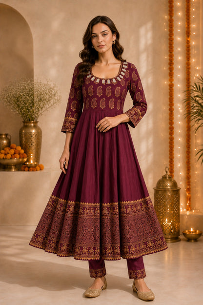 Women’s Paisley Printed Maroon Anarkali Kurta Set with Dupatta