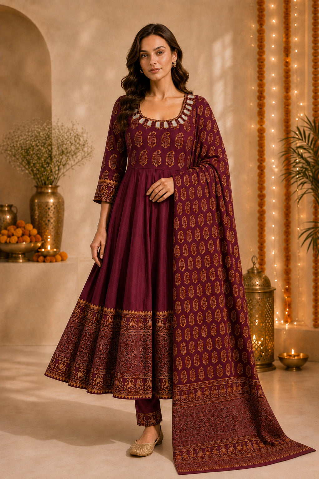 Women’s Paisley Printed Maroon Anarkali Kurta Set with Dupatta