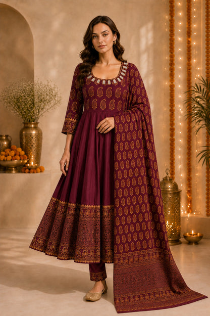Women’s Paisley Printed Maroon Anarkali Kurta Set with Dupatta