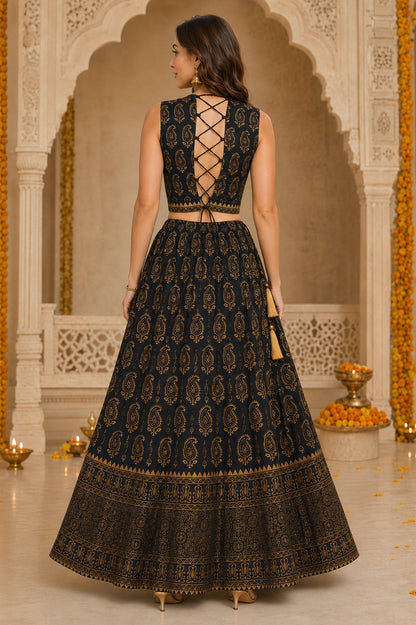 Noor Paisley Hand Block Printed Wrap Lehenga Set